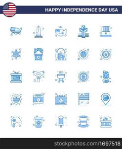 Happy Independence Day 25 Blues Icon Pack for Web and Print cap; church; washington; cross; usa Editable USA Day Vector Design Elements