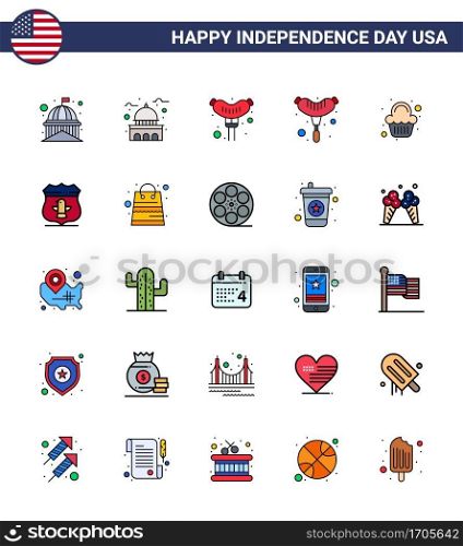 Happy Independence Day 25 Flat Filled Lines Icon Pack for Web and Print money; security; cake; american; sheild Editable USA Day Vector Design Elements