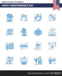Happy Independence Day 4th July Set of 16 Blues American Pictograph of flower; fast food; ball; burger; hotdog Editable USA Day Vector Design Elements
