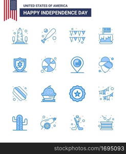 Happy Independence Day 4th July Set of 16 Blues American Pictograph of protection  usa  festival  party  cake Editable USA Day Vector Design Elements