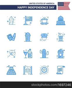 Happy Independence Day 4th July Set of 16 Blues American Pictograph of american  bottle  cart  usa  city Editable USA Day Vector Design Elements