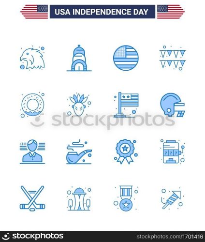 Happy Independence Day 4th July Set of 16 Blues American Pictograph of native american; nutrition; thanksgiving; food; paper Editable USA Day Vector Design Elements