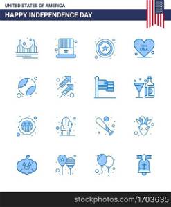 Happy Independence Day 4th July Set of 16 Blues American Pictograph of baseball  usa  usa  american  heart Editable USA Day Vector Design Elements