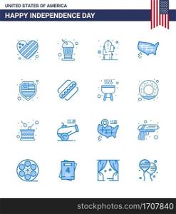 Happy Independence Day 4th July Set of 16 Blues American Pictograph of protection  usa  cactus  united  map Editable USA Day Vector Design Elements