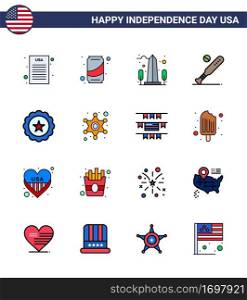 Happy Independence Day 4th July Set of 16 Flat Filled Lines American Pictograph of glass; sports; monument; bat; ball Editable USA Day Vector Design Elements