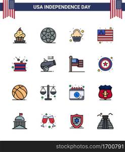 Happy Independence Day 4th July Set of 16 Flat Filled Lines American Pictograph of drum  usa  american  flag  celebration Editable USA Day Vector Design Elements