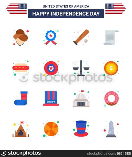 Happy Independence Day 4th July Set of 16 Flats American Pictograph of dog  usa  baseball  american  file Editable USA Day Vector Design Elements