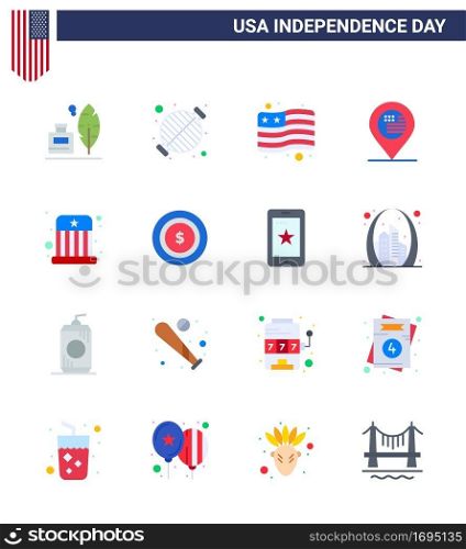 Happy Independence Day 4th July Set of 16 Flats American Pictograph of entertainment; sign; party; map; american Editable USA Day Vector Design Elements