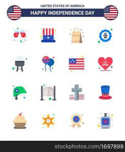 Happy Independence Day 4th July Set of 16 Flats American Pictograph of bbq  badge  handbag  eagle  bird Editable USA Day Vector Design Elements