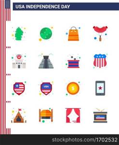 Happy Independence Day 4th July Set of 16 Flats American Pictograph of station; building; bag; sausage; food Editable USA Day Vector Design Elements