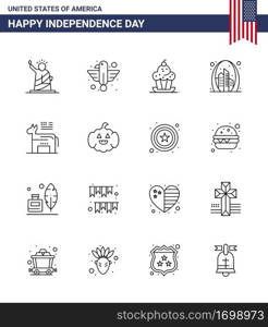 Happy Independence Day 4th July Set of 16 Lines American Pictograph of gate  arch  eagle  thanksgiving  muffin Editable USA Day Vector Design Elements