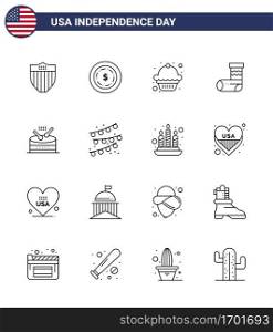 Happy Independence Day 4th July Set of 16 Lines American Pictograph of parade  instrument  dessert  drum  festivity Editable USA Day Vector Design Elements