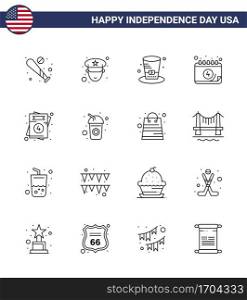 Happy Independence Day 4th July Set of 16 Lines American Pictograph of love  day  day  date  american Editable USA Day Vector Design Elements