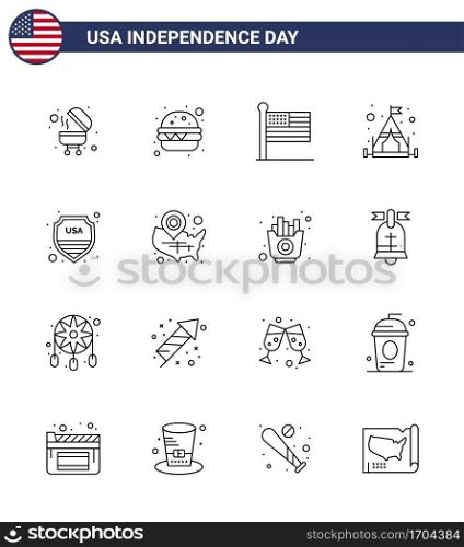 Happy Independence Day 4th July Set of 16 Lines American Pictograph of map; sign; united; shield; tent Editable USA Day Vector Design Elements