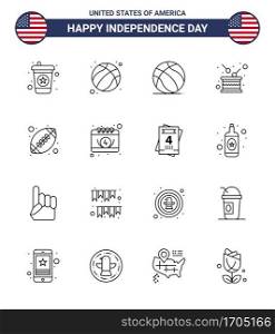 Happy Independence Day 4th July Set of 16 Lines American Pictograph of rugby  independence  ball  independence  drum Editable USA Day Vector Design Elements