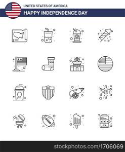 Happy Independence Day 4th July Set of 16 Lines American Pictograph of flag  holiday  bottle  fireworks  celebration Editable USA Day Vector Design Elements