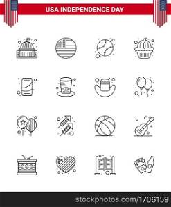 Happy Independence Day 4th July Set of 16 Lines American Pictograph of beer  states  usa  muffin  united Editable USA Day Vector Design Elements