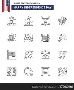 Happy Independence Day 4th July Set of 16 Lines American Pictograph of eagle  animal  transport  american  sport Editable USA Day Vector Design Elements
