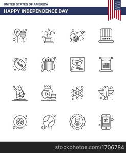 Happy Independence Day 4th July Set of 16 Lines American Pictograph of rugby  usa  army  american  hat Editable USA Day Vector Design Elements
