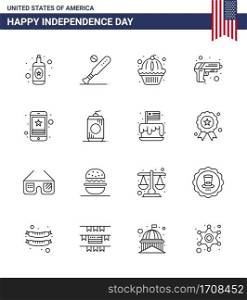 Happy Independence Day 4th July Set of 16 Lines American Pictograph of star  weapon  american  army  gun Editable USA Day Vector Design Elements
