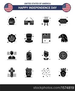 Happy Independence Day 4th July Set of 16 Solid Glyphs American Pictograph of international flag; country; barbecue; hot i; dog Editable USA Day Vector Design Elements