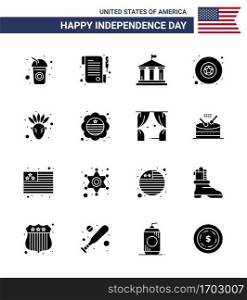 Happy Independence Day 4th July Set of 16 Solid Glyphs American Pictograph of country  native american  flag  american  military Editable USA Day Vector Design Elements