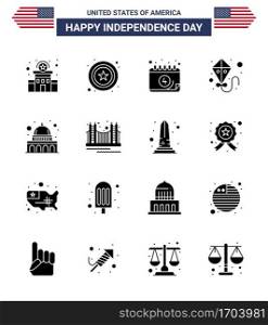Happy Independence Day 4th July Set of 16 Solid Glyphs American Pictograph of wisconsin  madison  calendar  capitol  summer Editable USA Day Vector Design Elements