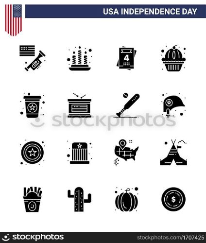 Happy Independence Day 4th July Set of 16 Solid Glyphs American Pictograph of drum  drink  love  beverage  states Editable USA Day Vector Design Elements