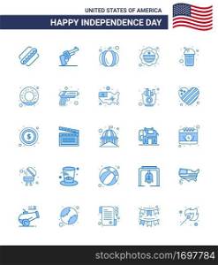 Happy Independence Day 4th July Set of 25 Blues American Pictograph of drink; bottle; american; badge; flag Editable USA Day Vector Design Elements