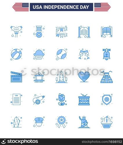 Happy Independence Day 4th July Set of 25 Blues American Pictograph of american  day  buntings  saloon  bar Editable USA Day Vector Design Elements