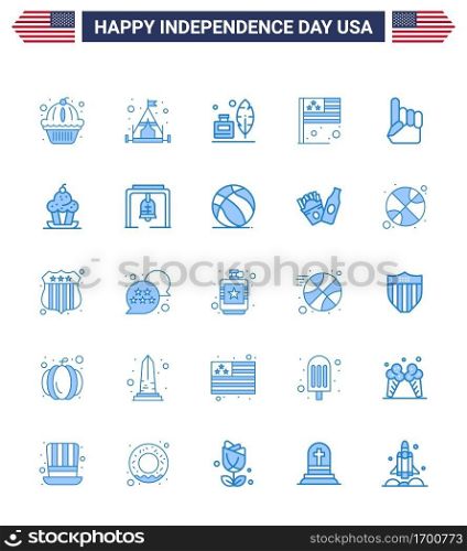 Happy Independence Day 4th July Set of 25 Blues American Pictograph of usa; foam hand; feather; usa; country Editable USA Day Vector Design Elements