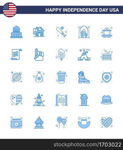 Happy Independence Day 4th July Set of 25 Blues American Pictograph of cart  landmark  baseball  gate  arch Editable USA Day Vector Design Elements