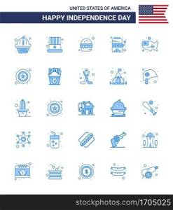 Happy Independence Day 4th July Set of 25 Blues American Pictograph of states; game; burger; slot; casino Editable USA Day Vector Design Elements