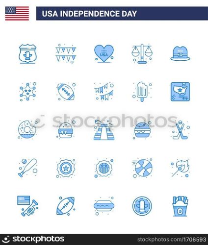 Happy Independence Day 4th July Set of 25 Blues American Pictograph of american; hat; love; scale; justice Editable USA Day Vector Design Elements