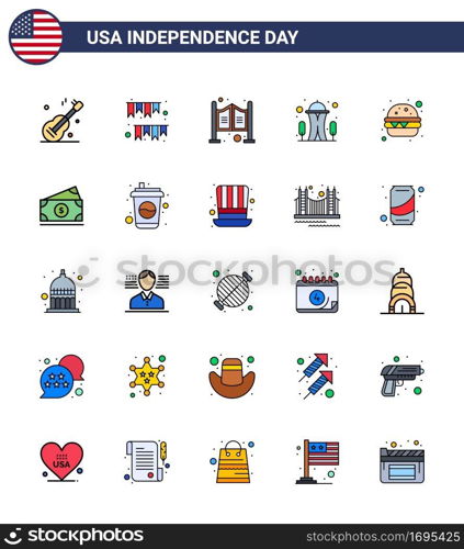 Happy Independence Day 4th July Set of 25 Flat Filled Lines American Pictograph of burger; needle; party; landmark; western Editable USA Day Vector Design Elements