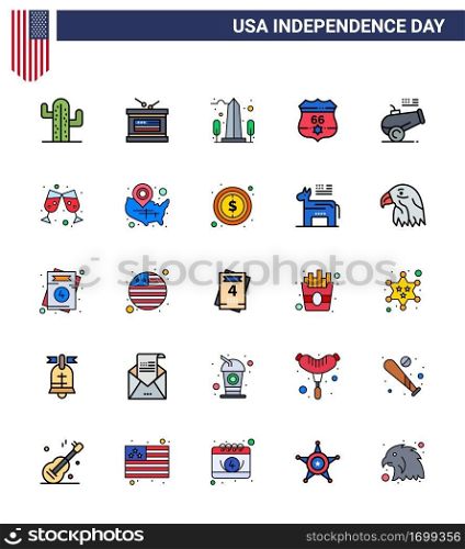 Happy Independence Day 4th July Set of 25 Flat Filled Lines American Pictograph of big gun  usa  landmark  shield  washington Editable USA Day Vector Design Elements