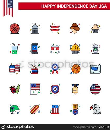 Happy Independence Day 4th July Set of 25 Flat Filled Lines American Pictograph of celebration  party  food  cake  cowboy Editable USA Day Vector Design Elements