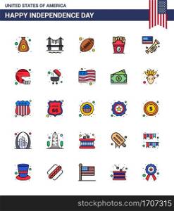 Happy Independence Day 4th July Set of 25 Flat Filled Lines American Pictograph of speaker  usa  ball  food  frise Editable USA Day Vector Design Elements