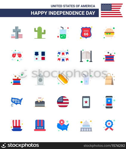 Happy Independence Day 4th July Set of 25 Flats American Pictograph of meal; burger; drink; american; shield Editable USA Day Vector Design Elements