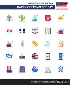 Happy Independence Day 4th July Set of 25 Flats American Pictograph of meal; burger; drink; american; shield Editable USA Day Vector Design Elements