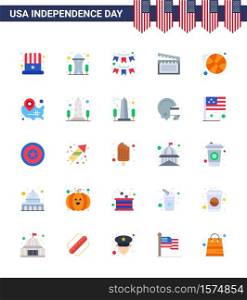 Happy Independence Day 4th July Set of 25 Flats American Pictograph of basketball; video; american; movis; garland Editable USA Day Vector Design Elements