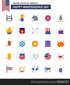 Happy Independence Day 4th July Set of 25 Flats American Pictograph of transport  rocket  animal  launcher  military Editable USA Day Vector Design Elements