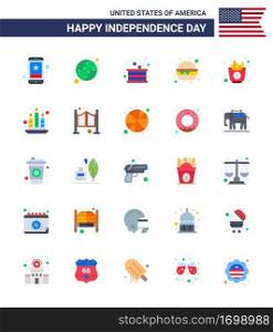 Happy Independence Day 4th July Set of 25 Flats American Pictograph of fast  fast food  united  burger  independence Editable USA Day Vector Design Elements