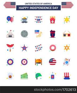 Happy Independence Day 4th July Set of 25 Flats American Pictograph of star  military  party decoration  badge  food Editable USA Day Vector Design Elements