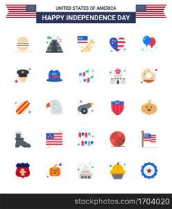 Happy Independence Day 4th July Set of 25 Flats American Pictograph of celebrate  usa  flag  flag  heart Editable USA Day Vector Design Elements