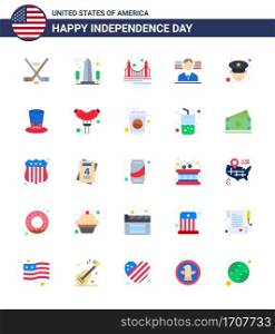 Happy Independence Day 4th July Set of 25 Flats American Pictograph of man; american; washington; man; landmark Editable USA Day Vector Design Elements