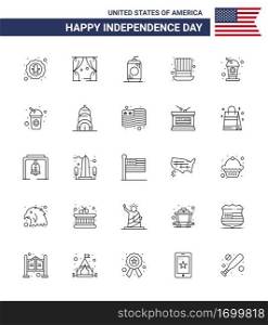 Happy Independence Day 4th July Set of 25 Lines American Pictograph of bottle  presidents  usa  hat  usa Editable USA Day Vector Design Elements