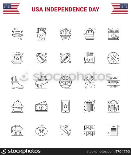 Happy Independence Day 4th July Set of 25 Lines American Pictograph of date; american; muffin; shop; money Editable USA Day Vector Design Elements