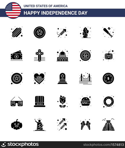 Happy Independence Day 4th July Set of 25 Solid Glyph American Pictograph of bat; ball; religion; desert; flower Editable USA Day Vector Design Elements