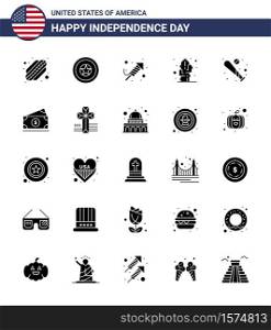 Happy Independence Day 4th July Set of 25 Solid Glyph American Pictograph of bat; ball; religion; desert; flower Editable USA Day Vector Design Elements